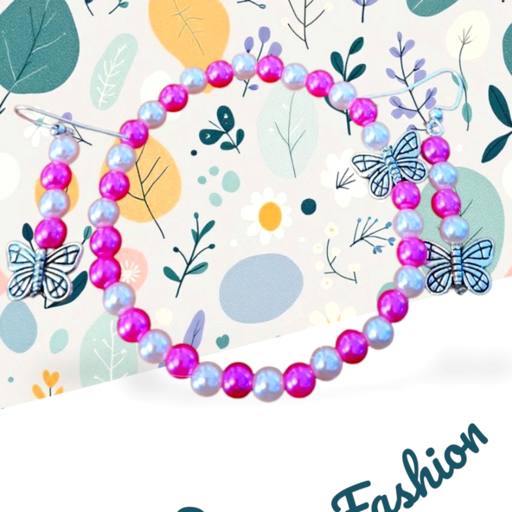 Pink and White Beaded Butterfly Earrings And Bracelet    2010